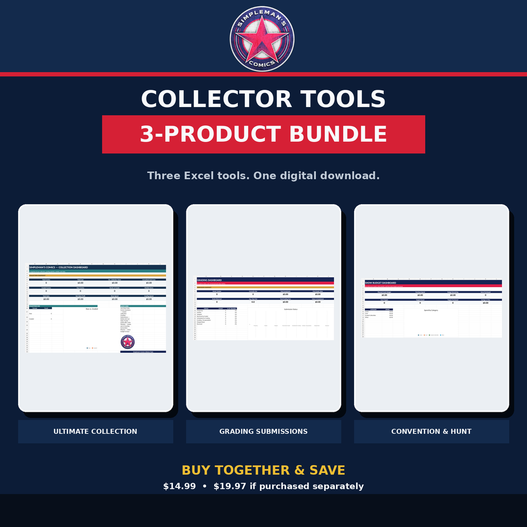 Simpleman’s Comics Collector Tools Bundle – 3 Excel Digital Downloads