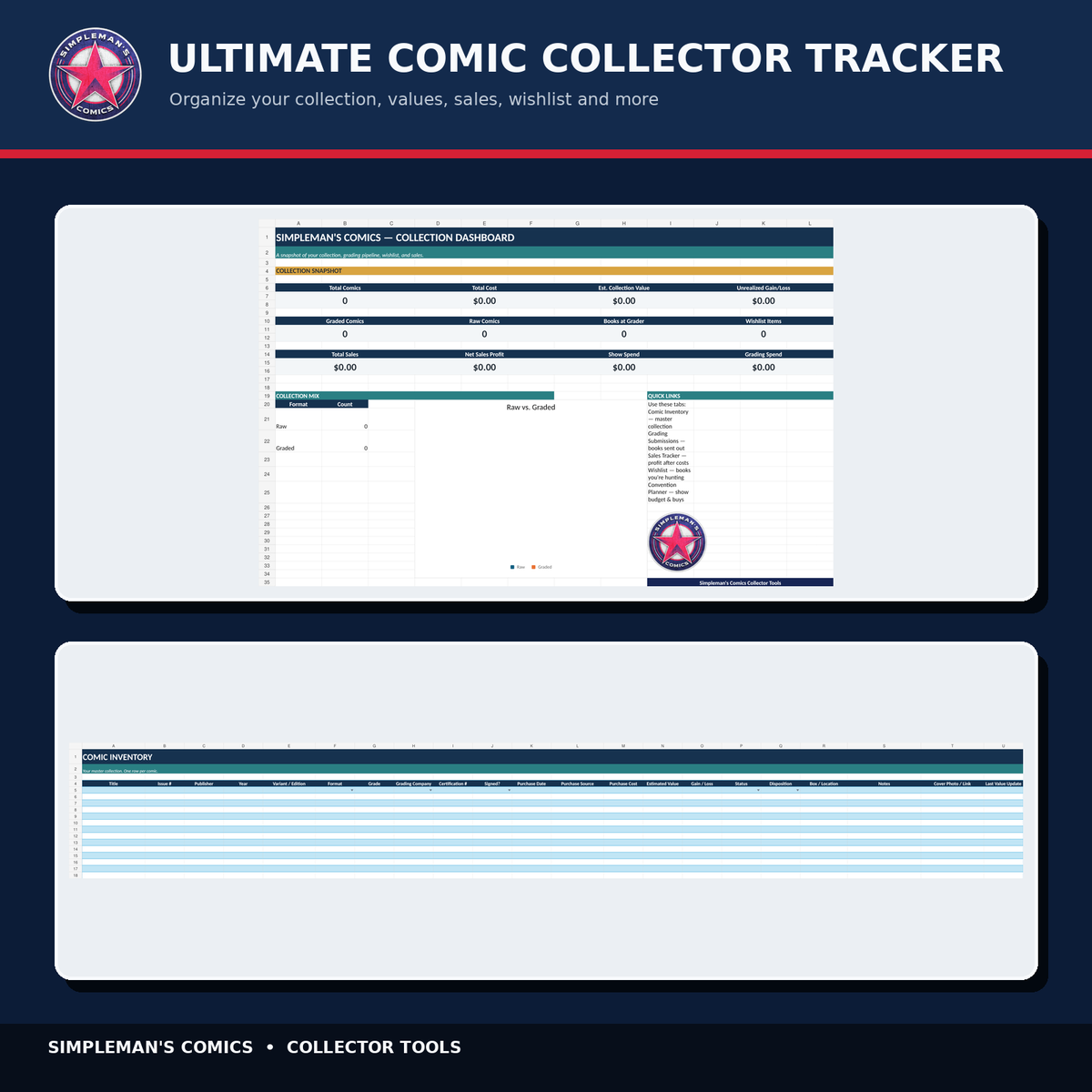 Simpleman’s Comics Collector Tools Bundle – 3 Excel Digital Downloads