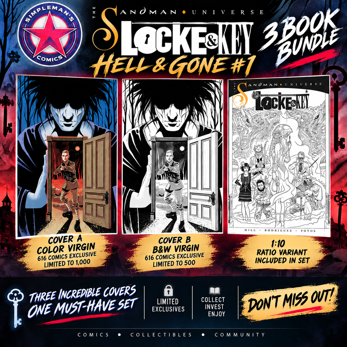 LOCKE & KEY SANDMAN HELL & GONE #1 – Hutchison-Cates Simpleman's Comics Virgin Variant 3-Book Bundle + 1:10