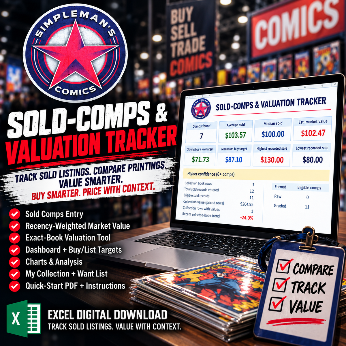 Simpleman’s Comics Sold-Comps & Valuation Tracker – Excel Digital Download